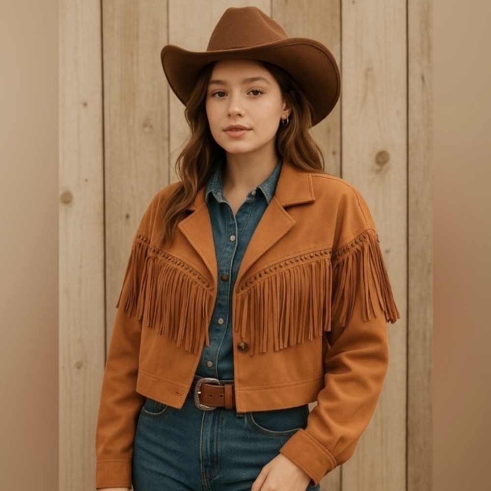 SHEIN Curve Faux Suede Western Cowgirl Equestrian Fringe Jacket Plus Size 4XL